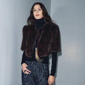 Zara Women Brown Faux Fur Short Sleeve Jacket S NWT 3945/242